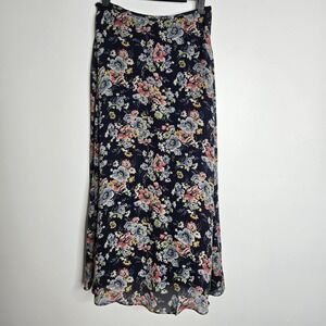 Lauren Ralph Lauren Skirt Womens 4 Petite Navy Blue Floral Silk Midi‎ 27x34
